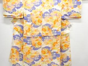 アンティーク　草花に桶・御所車模様単衣長襦袢